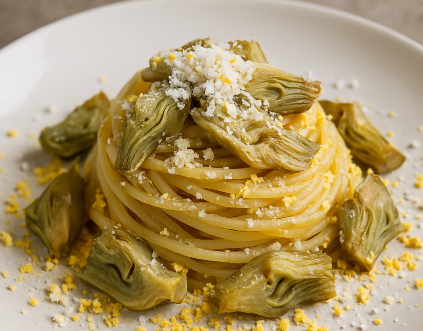 Spaghetti uova, pecorino e carciofi
